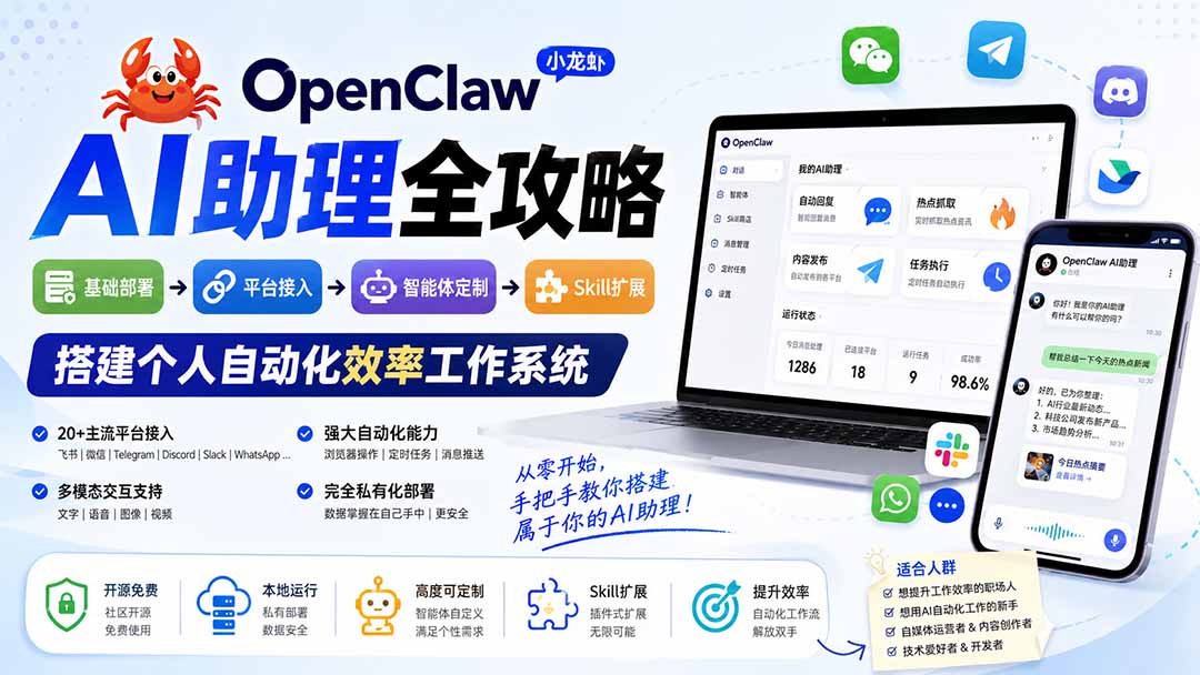 OpenClaw小龙虾 AI助理全攻略：基础部署→平台接入→智能体定制→Skill扩展，搭建个人自动化效率工作系统-weichuangqy