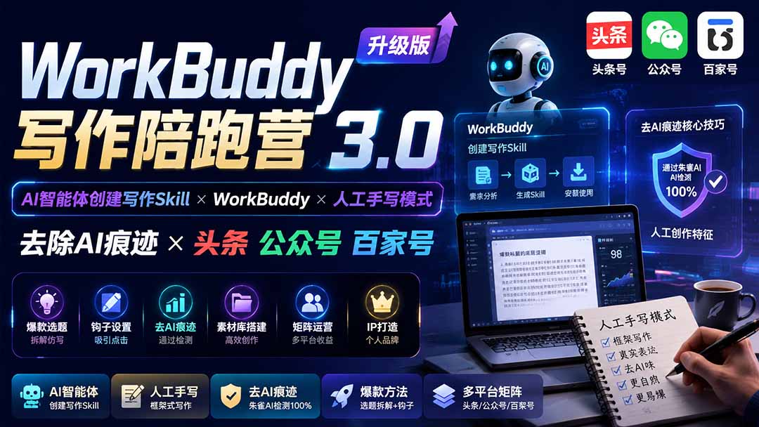 WorkBuddy写作陪跑营3.0-更新：Ai智能体创建写作Skill×WorkBuddy×人工手写模式×去除AI痕迹×头条公众号百家号-weichuangqy