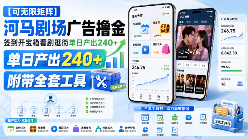 【可无限矩阵】河马剧场广告撸金，签到开宝箱看剧逛街单日产出240+，附带全套工具【揭秘】-weichuangqy