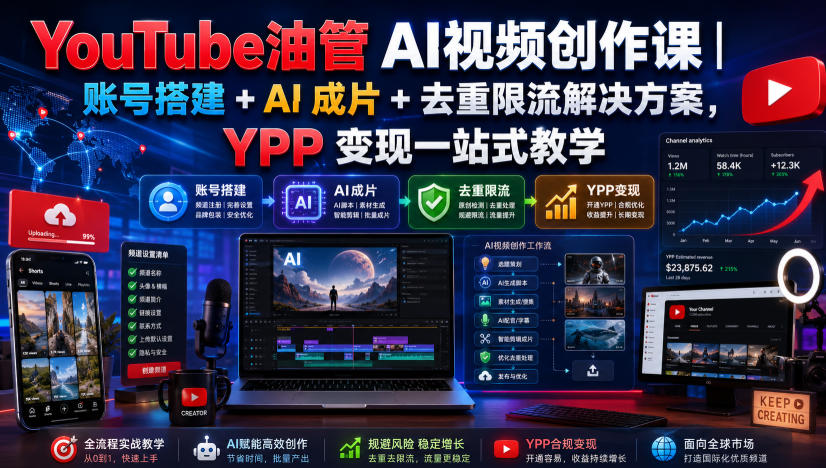 YouTube油管AI视频创作课｜账号搭建+AI成片+去重限流解决方案，YPP变现一站式教学(更新0817)-weichuangqy