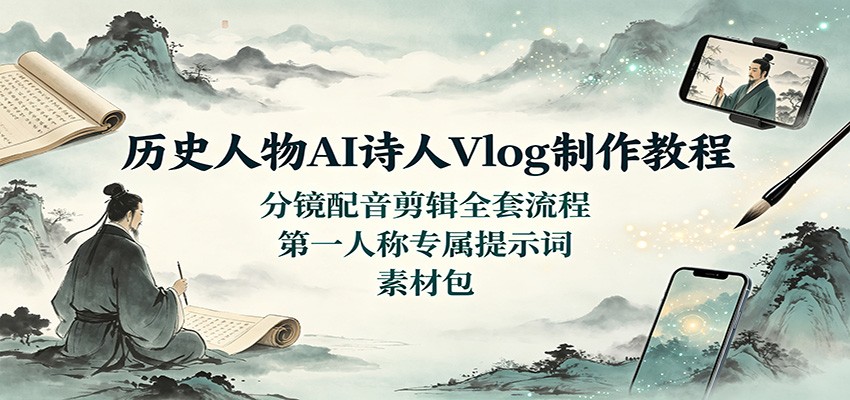 历史人物AI诗人Vlog制作教程：分镜配音剪辑全套流程，第一人称专属提示词素材包-weichuangqy