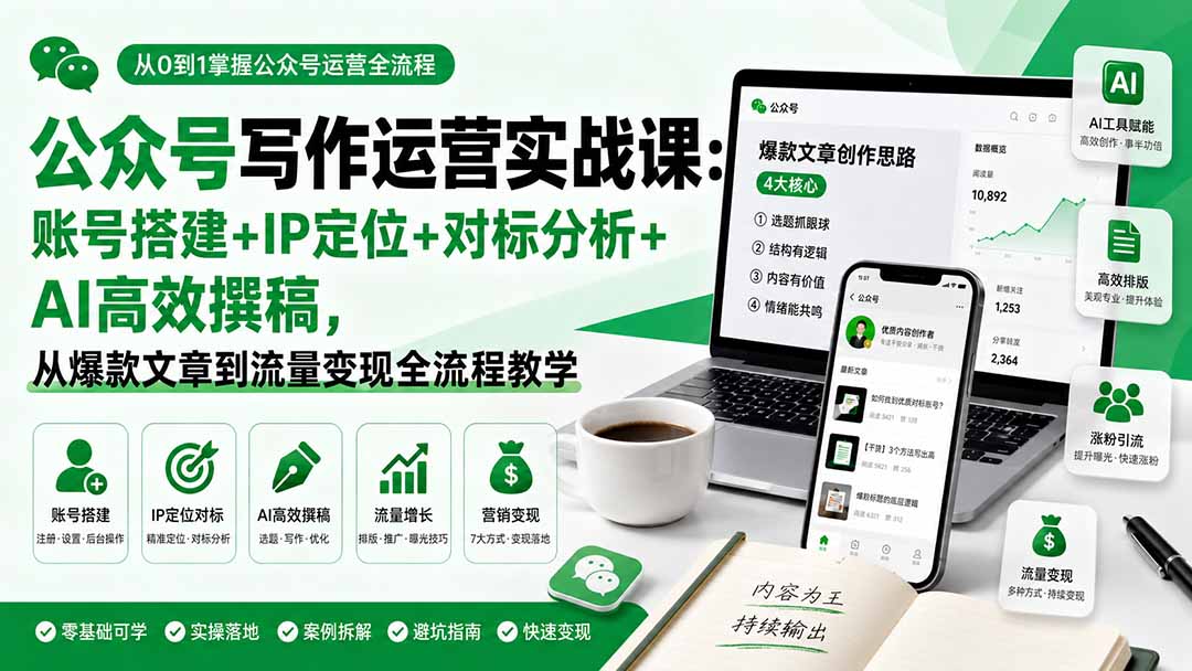 公众号写作运营实战课：账号搭建+IP定位+对标分析+AI高效撰稿，从爆款文章到流量变现全流程教学-weichuangqy