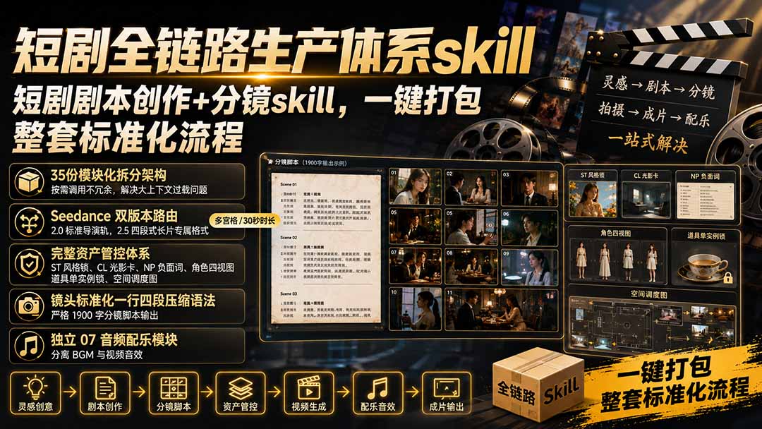 短剧全链路生产体系skill，短剧剧本创作+分镜skill，一键打包，整套标准化流程-weichuangqy
