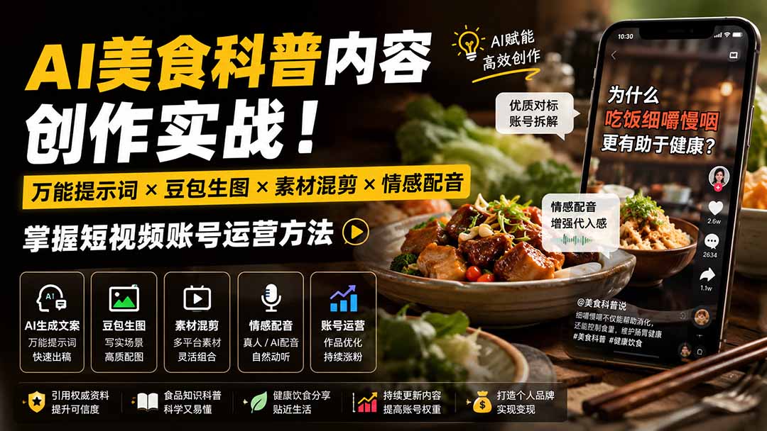 外面卖199元-AI美食科普内容创作实战！万能提示词×豆包生图×素材混剪×情感配音，掌握短视频账号运营方法-weichuangqy