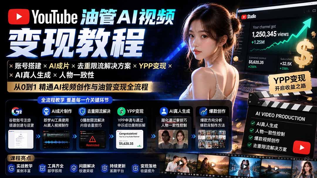 YouTube油管AI视频变现教程-更新：账号搭建×AI成片×去重限流解决方案×YPP变现×AI真人生成×人物一致性-weichuangqy