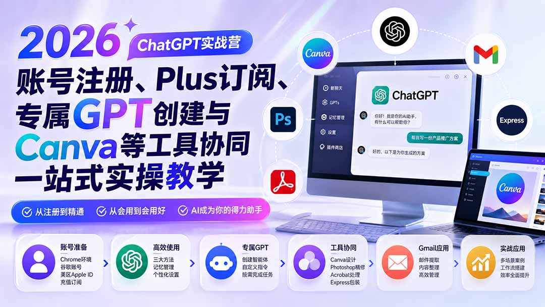 2026 ChatGPT实战营；账号注册、Plus订阅、专属GPT创建与Canva等工具协同一站式实操教学-weichuangqy