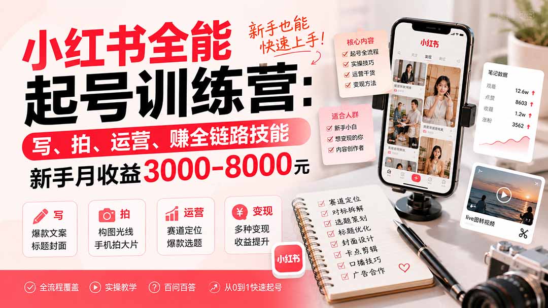 小红书全能起号训练营-更新：写、拍、运营、赚全链路技能，新手月收益3000-8000元-weichuangqy