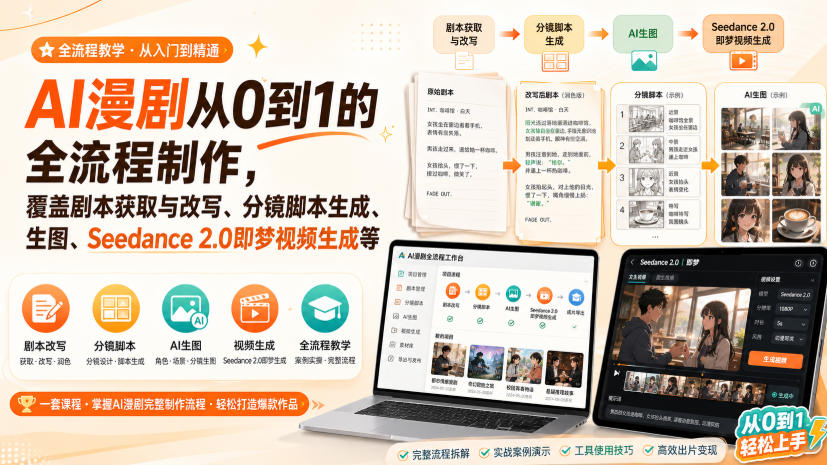 AI漫剧从0到1的全流程制作，覆盖剧本获取与改写、分镜脚本生成、角色场景生图与三视图、Seedance 2.0即梦视频生成(PDF版)-weichuangqy
