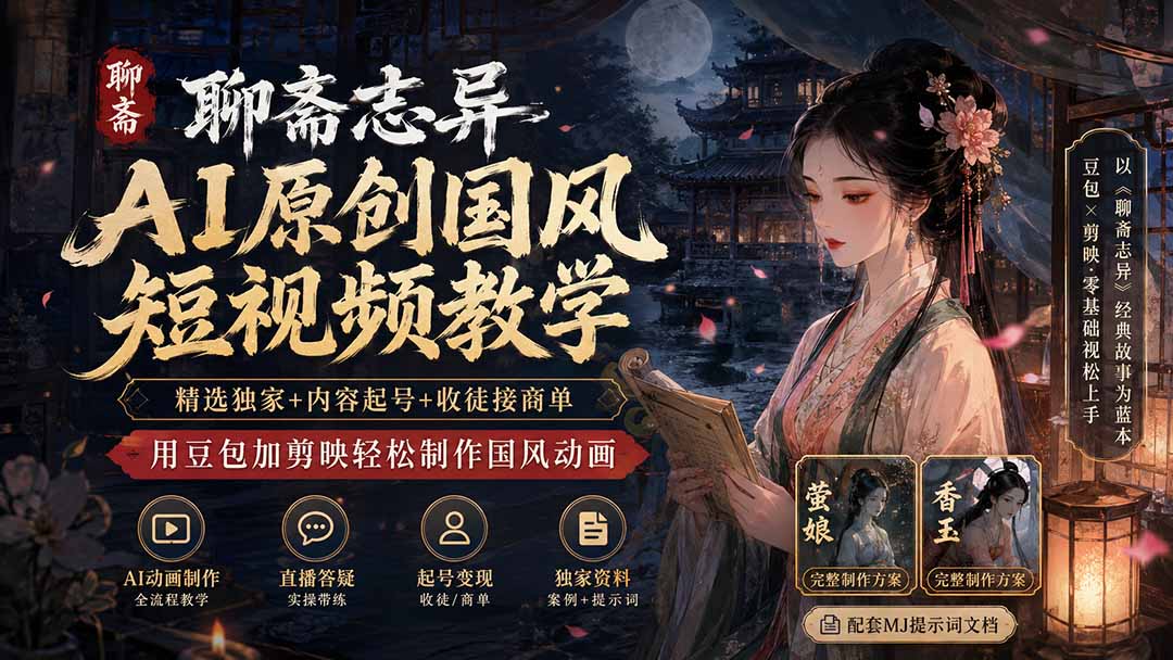聊斋志异AI原创国风短视频教学-更新；精选独家+内容起号+收徒接商单，用豆包加剪映轻松制作国风动画-weichuangqy