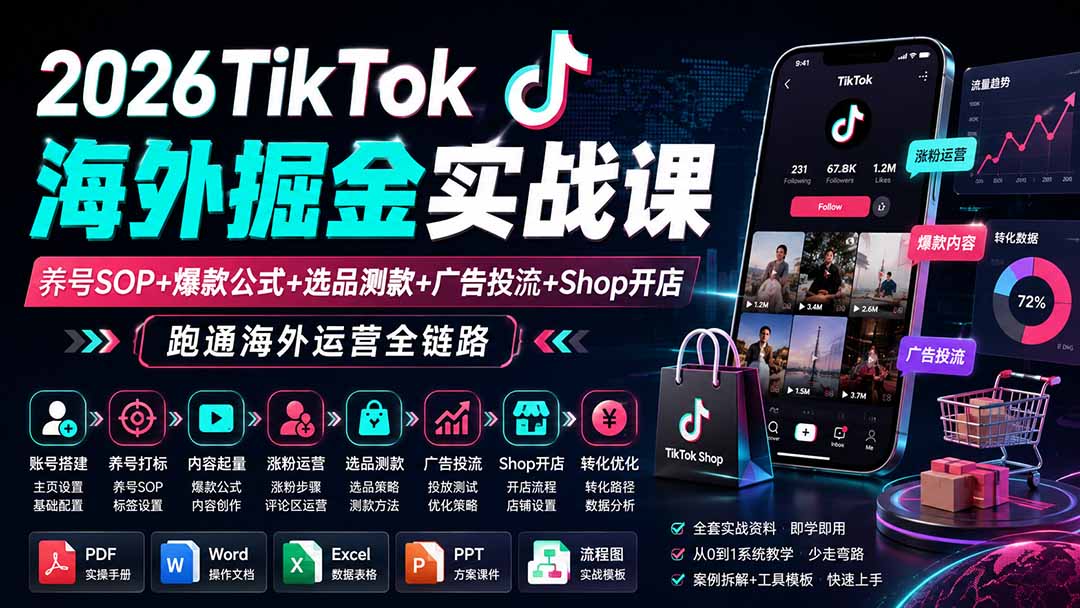 2026TikTok海外掘金实战课——养号SOP+爆款公式+选品测款+广告投流+Shop开店，跑通海外运营全链路-weichuangqy