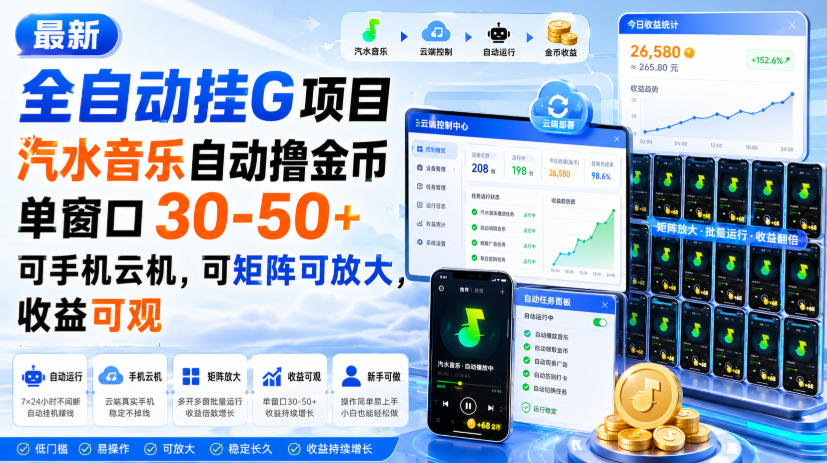 最新全自动挂G项目，汽水音乐自动撸金币单窗口30-50+，可手机云机，可矩阵可放大，收益可观-weichuangqy