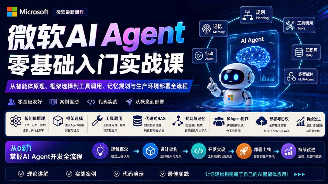 微软AI Agent零基础入门实战课：从智能体原理、框架选择到工具调用、记忆规划与生产环境部署全流程-weichuangqy
