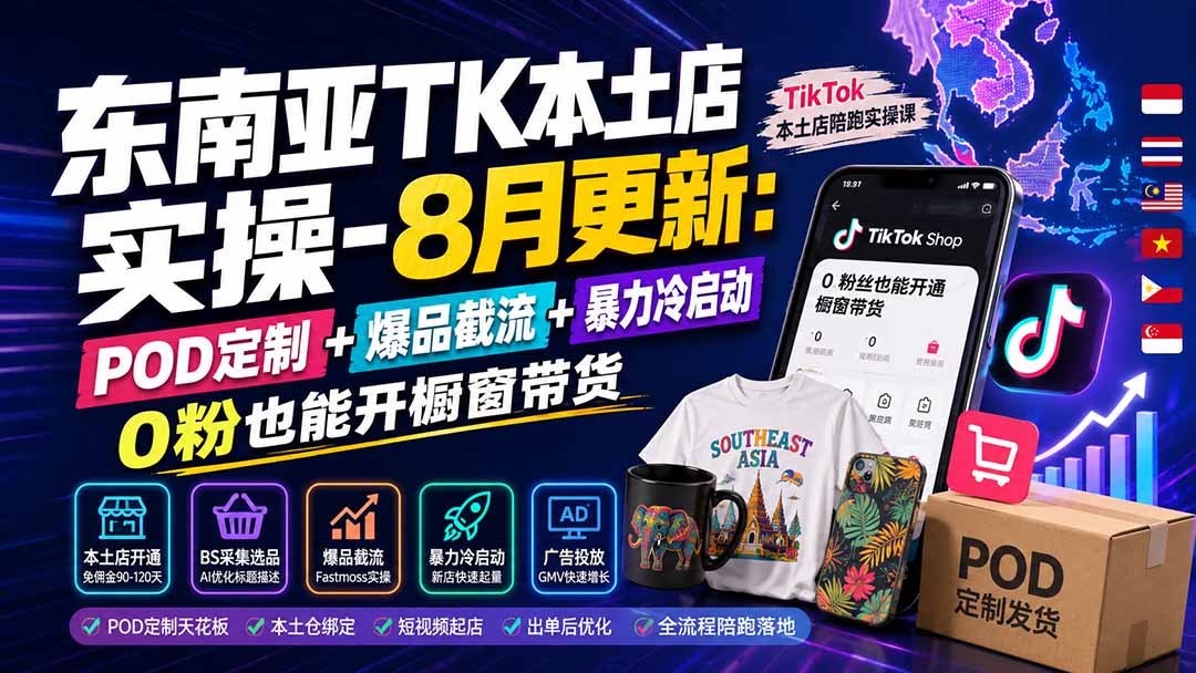 东南亚TK本土店实操-8月更新：POD定制+爆品截流+暴力冷启动，0粉也能开橱窗带货-weichuangqy