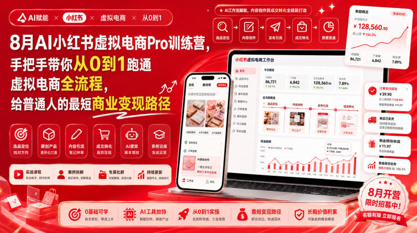 8月AI小红书虚拟电商Pro训练营，手把手带你从0到1跑通虚拟电商全流程，给普通人的最短商业变现路径-weichuangqy