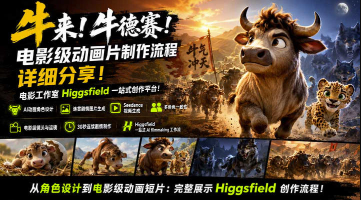 牛来！牛德赛！电影级动画片制作流程详细分享！电影工作室Higgsfield一站式创作平台，完整创作流程-weichuangqy