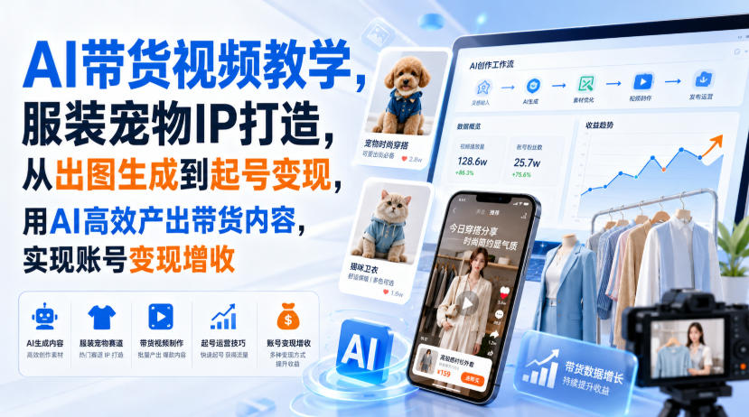 AI带货视频教学，服装宠物IP打造，从出图生成到起号变现，用AI高效产出带货内容，实现账号变现增收-weichuangqy