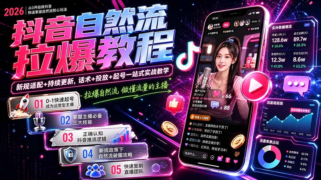 抖音自然流拉爆教程-更新8月：做懂流量的主播，新规适配+持续更新，话术+投放+起号一站式实战教学-weichuangqy
