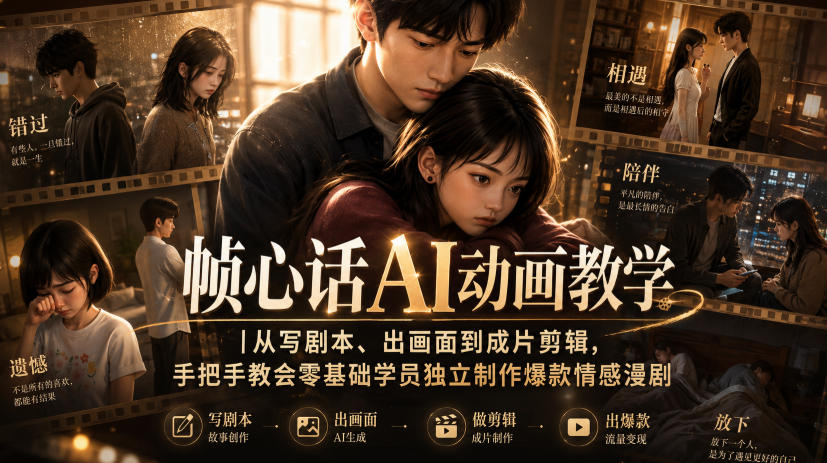 帧心话AI动画教学｜从写剧本、出画面到成片剪辑，手把手教会零基础学员独立制作爆款情感漫剧-weichuangqy