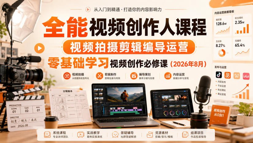全能视频创作人课程，视频拍摄剪辑编导运营，零基础学习视频创作必修课(2026年8月)-weichuangqy