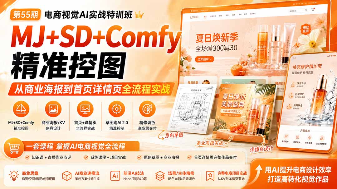 电商视觉 AI实战训练营第55期：MJ+SD+Comfy精准控图，从商业海报到首页详情页全流程实战-weichuangqy