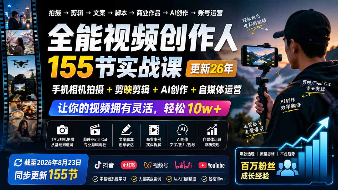 全能视频创作人155节实战课-更新26年8月：手机相机拍摄+剪映剪辑+AI创作+自媒体运营，让你的视频拥有灵活，轻松10w-weichuangqy