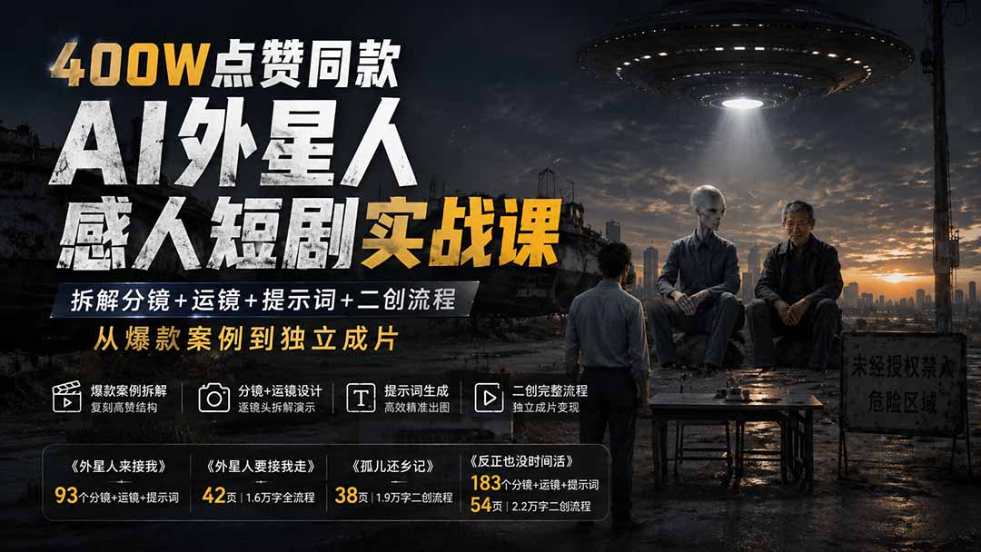 400W点赞同款AI外星人感人短剧实战课：拆解分镜+运镜+提示词+二创流程，从爆款案例到独立成片-weichuangqy