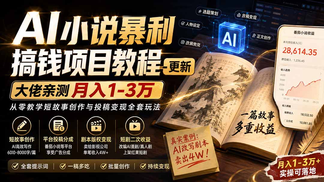 AI小说暴利搞钱项目教程-更新，大佬亲测月入1-3万，从零教学短故事创作与投稿变现全套玩法-weichuangqy