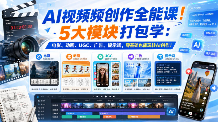 AI视频频创作全能课！5大模块打包学：电影、动画、UGC、广告、提示词，零基础也能玩转AI创作！【原创双语字幕】-weichuangqy