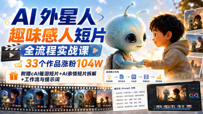 AI外星人趣味感人短片全流程实战课，33个作品涨粉104W，附赠AI催泪短片+AI亲情短片拆解+工作流与提示词-weichuangqy