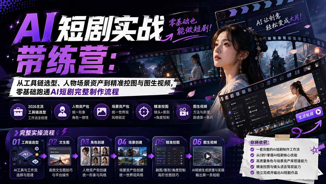 AI短剧实战训练营：从工具链选型、人物场景资产到精准控图与图生视频，零基础跑通AI短剧完整制作流程-weichuangqy