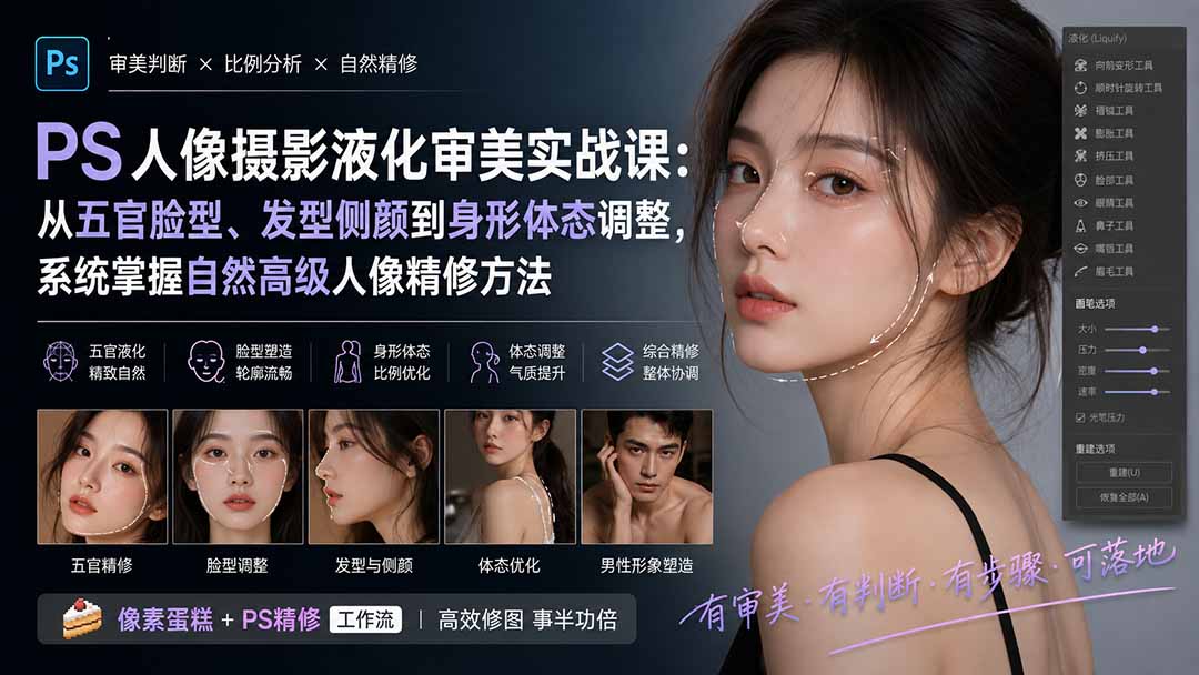 PS人像摄影液化审美实战课：从五官脸型、发型侧颜到身形体态调整，系统掌握自然高级人像精修方法-weichuangqy