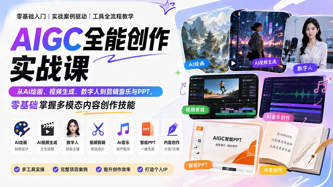 AIGC全能创作实战课：从AI绘画、视频生成、数字人到剪辑音乐与PPT，零基础掌握多模态内容创作技能-weichuangqy