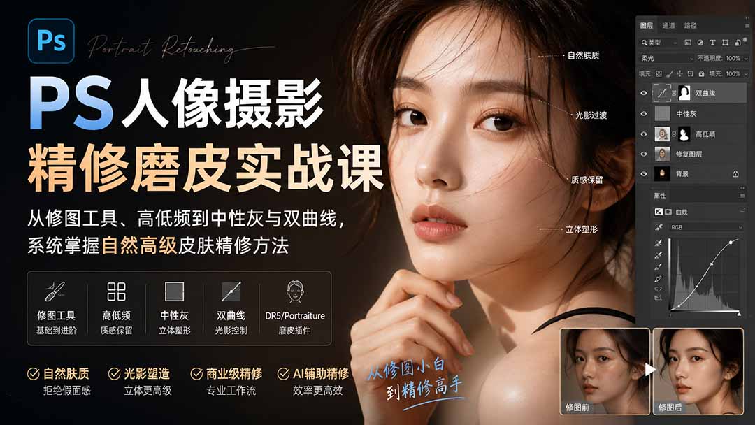 PS人像摄影精修磨皮实战课：从修图工具、高低频到中性灰与双曲线，系统掌握自然高级皮肤精修方法-weichuangqy