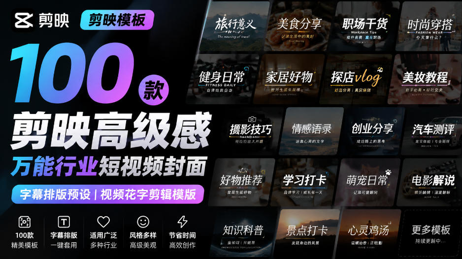 【剪映模板】100款剪映高级感万能行业短视频封面字幕排版预设视频花字剪辑模版-weichuangqy