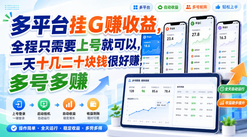 多平台挂G賺收益，全程只需要上号就可以，一天十几二十块钱很好賺，多号多賺【揭秘】-weichuangqy