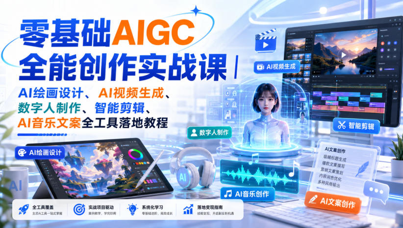 零基础AIGC全能创作实战课｜AI绘画设计、AI视频生成、数字人制作、智能剪辑、AI音乐文案全工具落地教程-weichuangqy