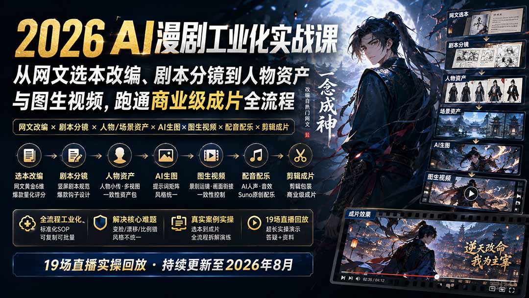 2026 AI漫剧工业化实战课-更新：从网文选本改编、剧本分镜到人物资产与图生视频，跑通商业级成片全流程-weichuangqy