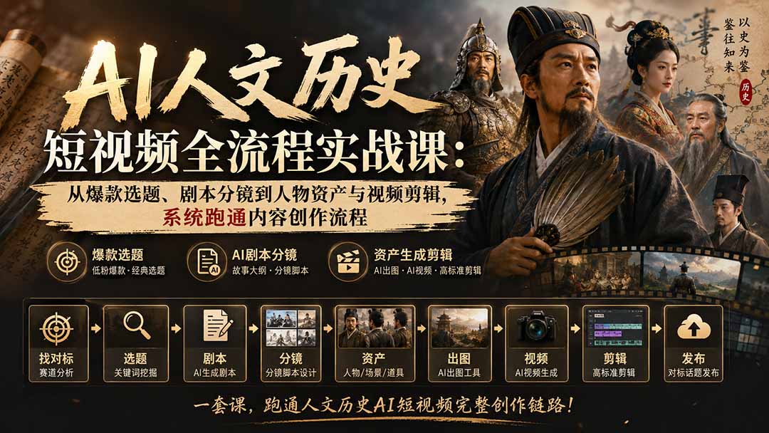 AI人文历史短视频全流程实战课：从爆款选题、剧本分镜到人物资产与视频剪辑，系统跑通内容创作流程-weichuangqy