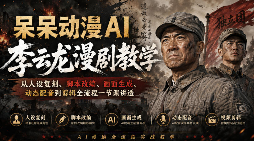 呆呆动漫AI李云龙漫剧教学，从人设复刻、脚本改编、画面生成、动态配音到剪辑全流程一节课讲透-weichuangqy