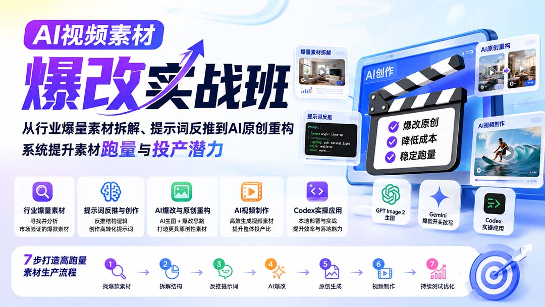 AI视频素材爆改实战班-更新8月：从行业爆量素材拆解、提示词反推到AI原创重构，系统提升素材跑量与投产潜力-weichuangqy