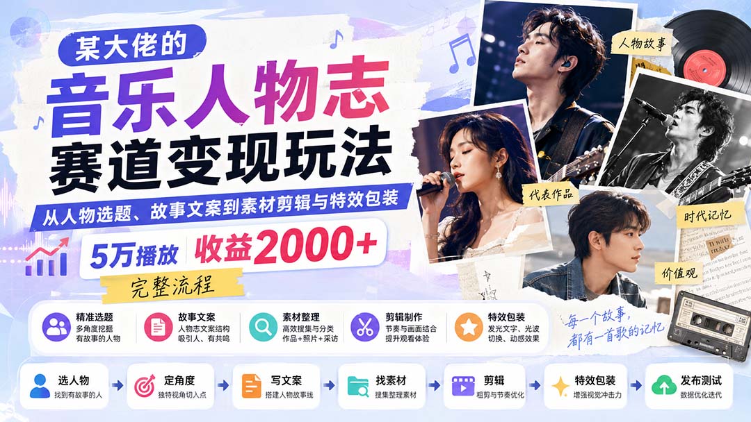 某大佬的音乐人物志赛道变现玩法：从人物选题、故事文案到素材剪辑与特效包装，5万播放收益2000+完整流程-weichuangqy