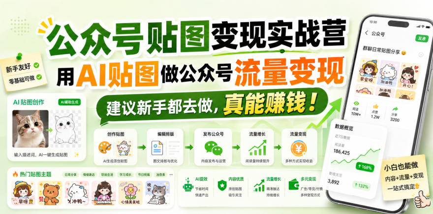 公众号贴图变现实战营，用AI贴图做公众号流量变现，建议新手都去做，真能賺钱！-weichuangqy