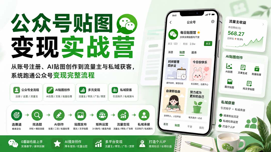 公众号贴图变现实战营：从账号注册、AI贴图创作到流量主与私域获客，系统跑通公众号变现完整流程-weichuangqy