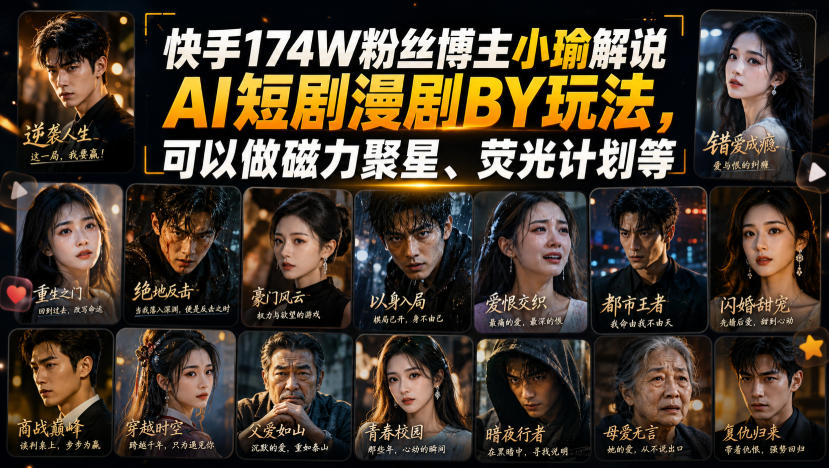 快手174W粉丝博主小瑜解说AI短剧漫剧搬运玩法，可以做磁力聚星、荧光计划等-weichuangqy