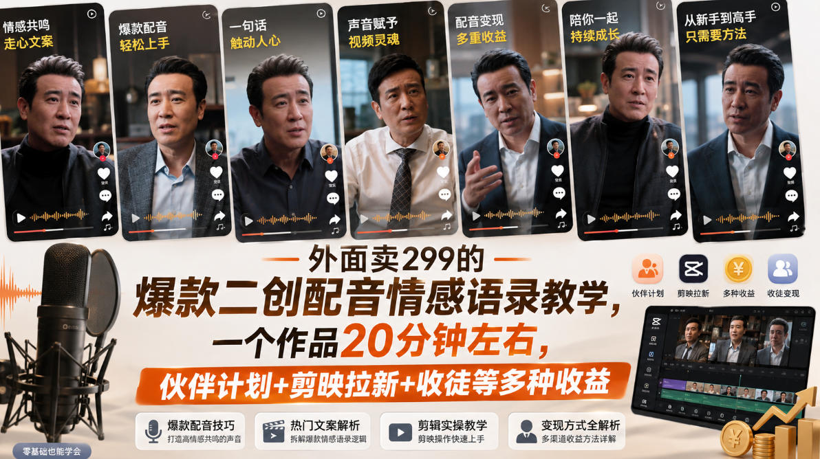 外面卖299的爆款二创配音情感语录教学，一个作品20分钟左右，伙伴计划+剪映拉新+收徒等多种收益-weichuangqy