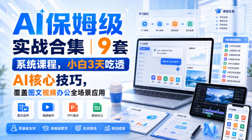 AI保姆级实战合集｜9套系统课程，小白3天吃透AI核心技巧，覆盖图文视频办公全场景应用-weichuangqy