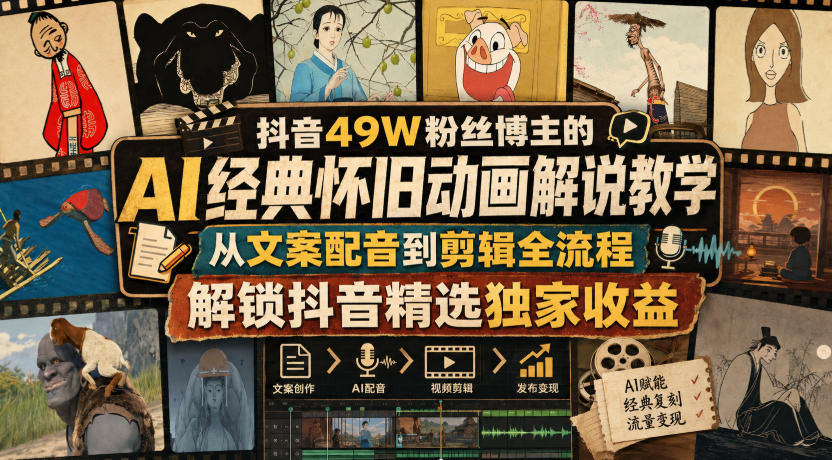 抖音49W粉丝博主的AI经典怀旧动画解说教学，从文案配音到剪辑全流程，解锁抖音精选独家收益-weichuangqy