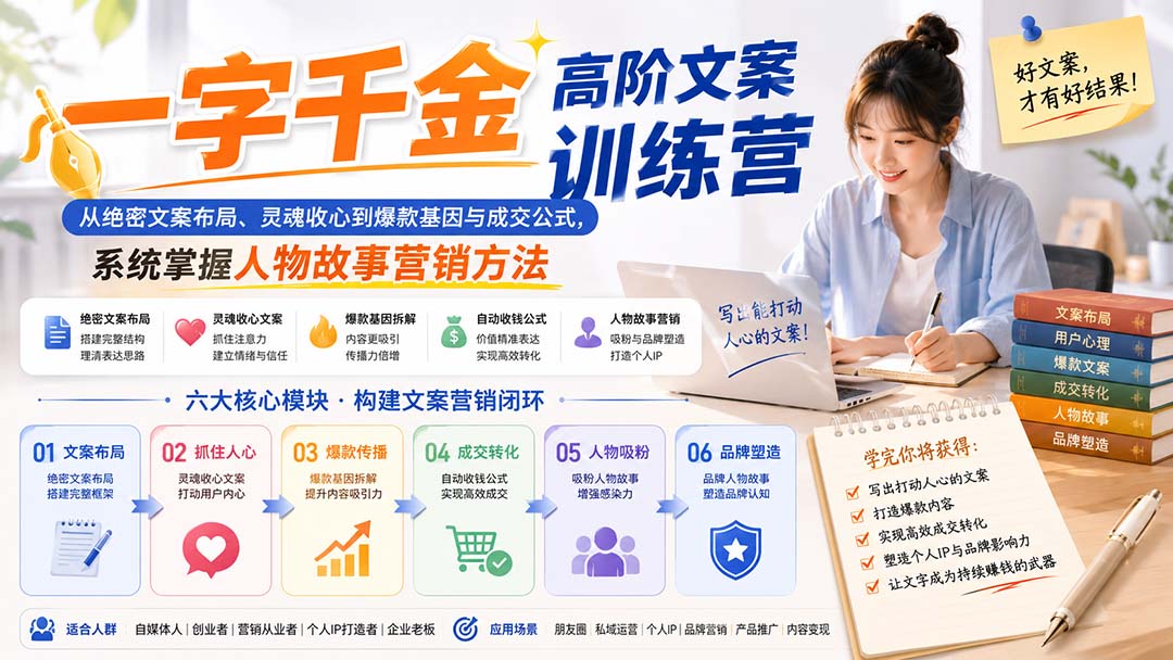 一字千金高阶文案训练营：从绝密文案布局、灵魂收心到爆款基因与成交公式，系统掌握人物故事营销方法-weichuangqy