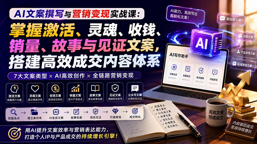 AI文案撰写与营销变现实战课：掌握激活、灵魂、收钱、销量、故事与见证文案，搭建高效成交内容体系-weichuangqy