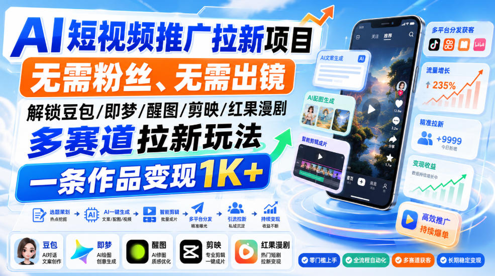 AI短视频推广拉新项目，无需粉丝、无需出镜，解锁豆包/即梦/醒图/剪映/红果漫剧多赛道拉新玩法，一条作品变现1K+-weichuangqy